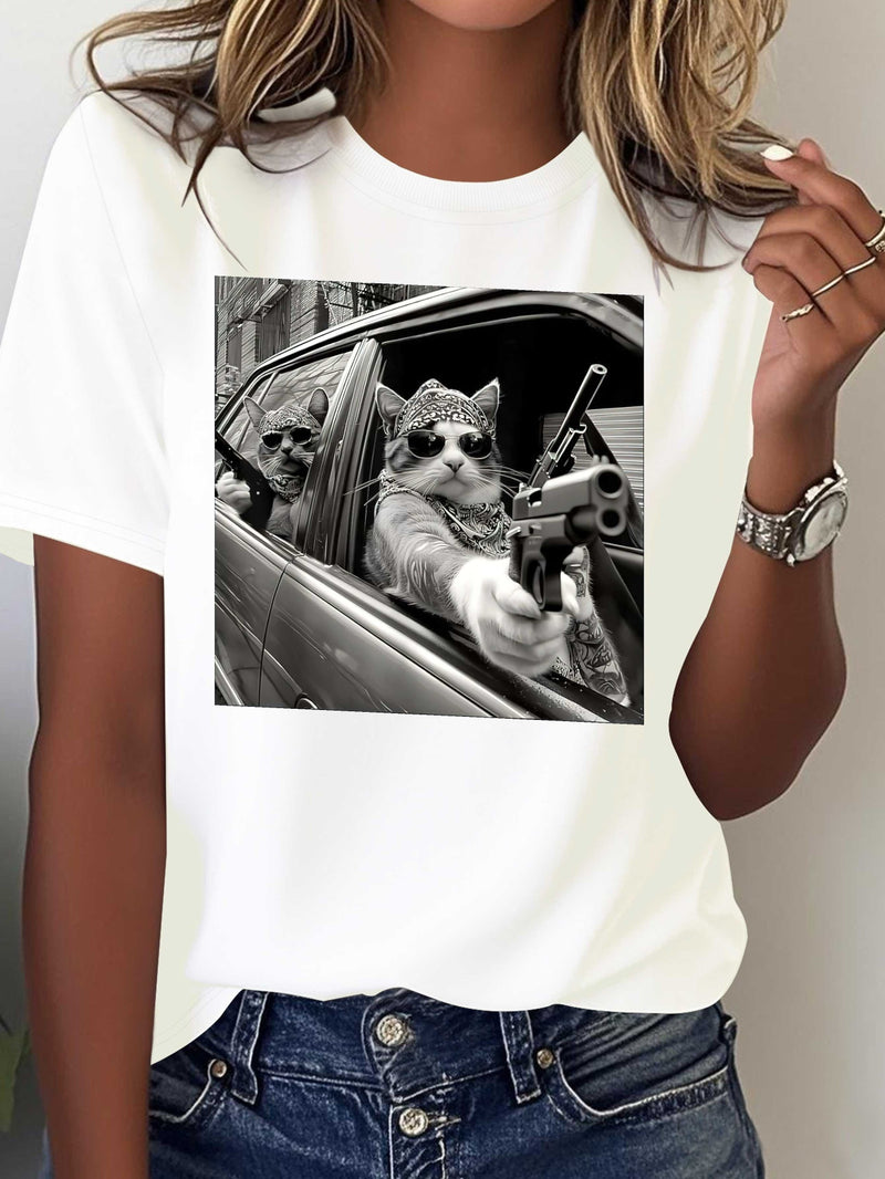 Women's Pure Gangster Cat Print T-Shirt.