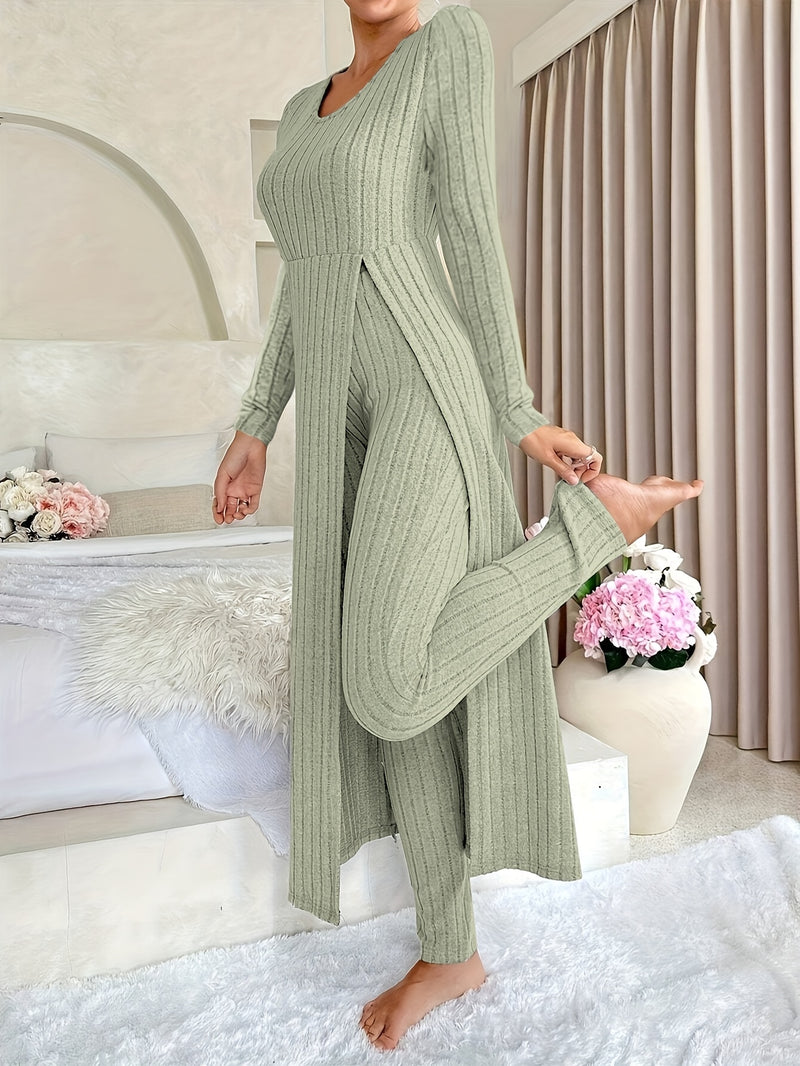 2pcs Women's Designer Round Neck Split Long Sleeve Top and Pants.