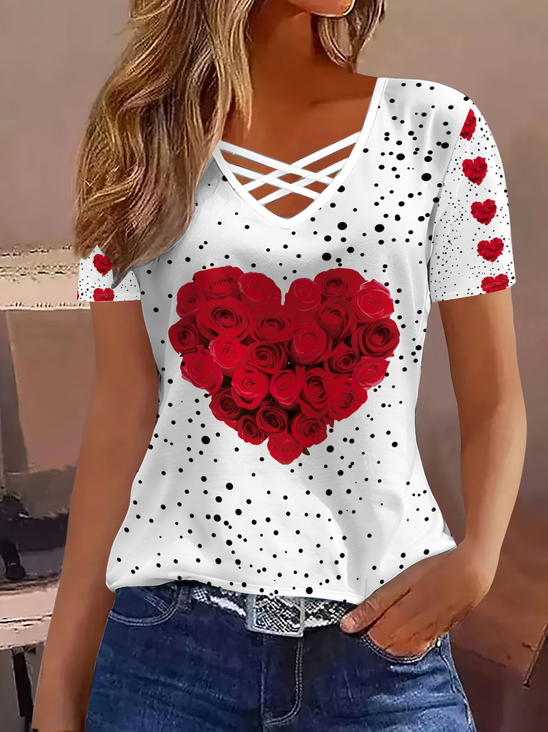 Elegant Women's Short-Sleeve T-Shirt with Heart And Rose Floral Print.