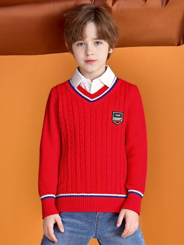 Boys' Red & Striped V-Neck Sweater.