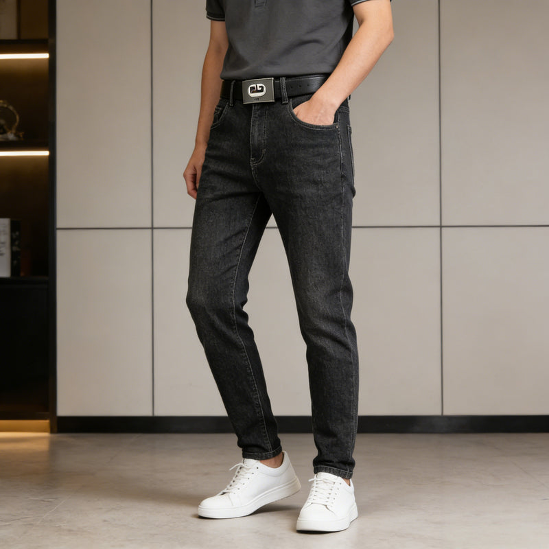 Men's Elastic Straight-Leg Jeans, New Heavy-Duty Denim Fabric.