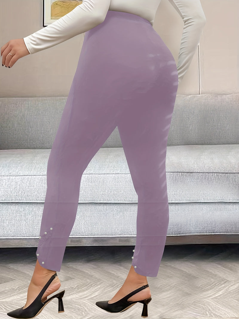 Women’s Elegant Solid Color Plus-Size Pants with Pearl Lace Trim.