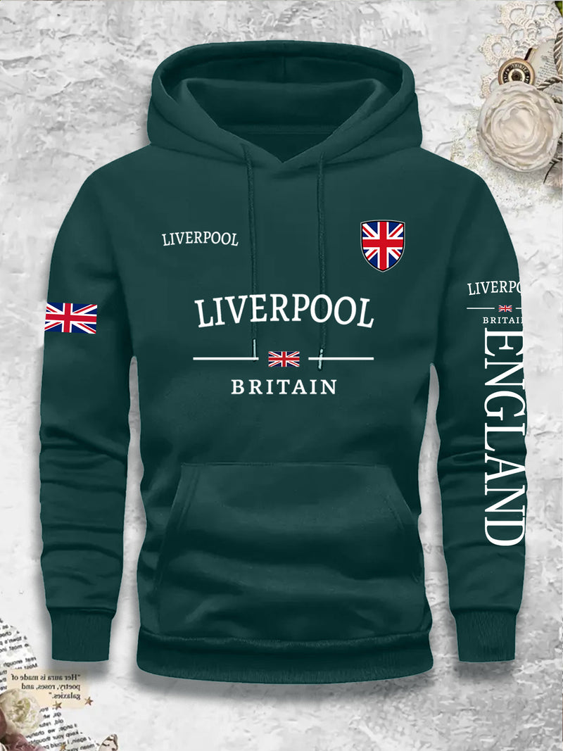 Men's Casual Versatile -Lined Hooded Sweatshirt with British Flag Print.