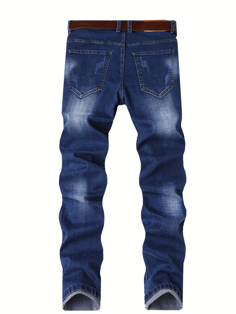 Men's Slim-Fit Stretch Denim Jeans in Dark Blue, Suitable for All Seasons.