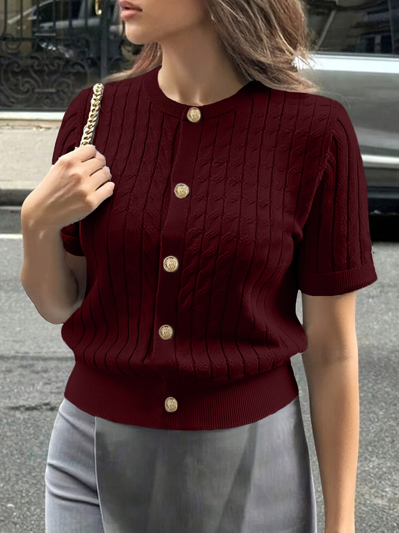 Women's Button-Front Solid Color Cable Blouse.