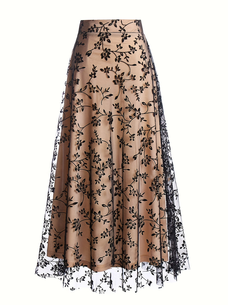 Elegant New High-Waisted Mesh Embroidered Skirt Loose A-Line Dress for Women.