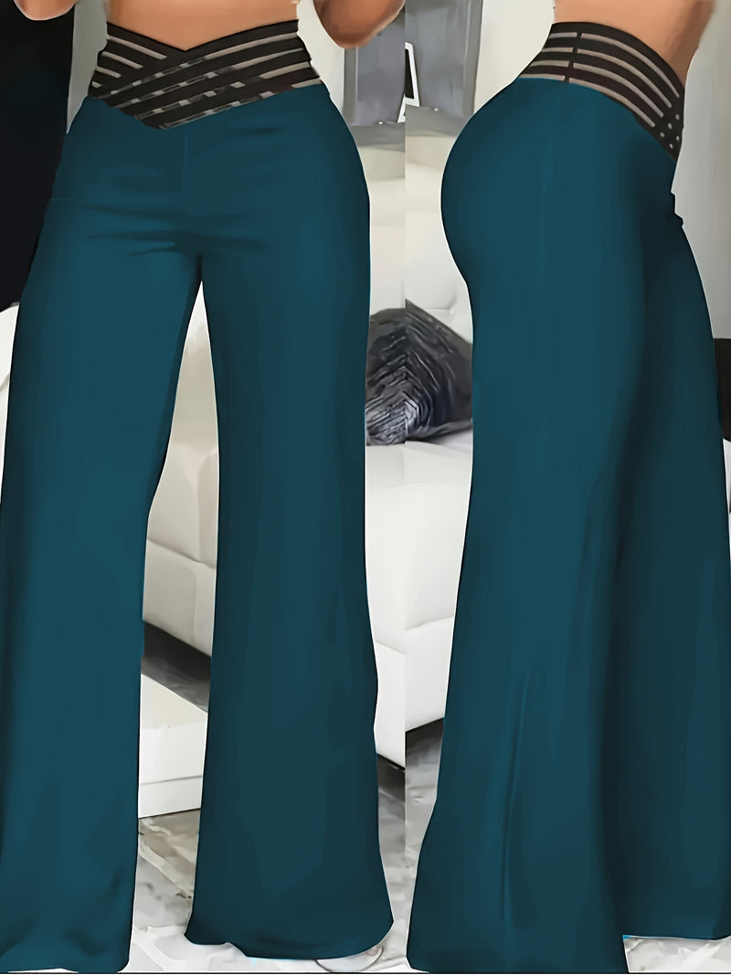 Women's High-Waist Flare Pants with Cross-Front Mesh Detail.