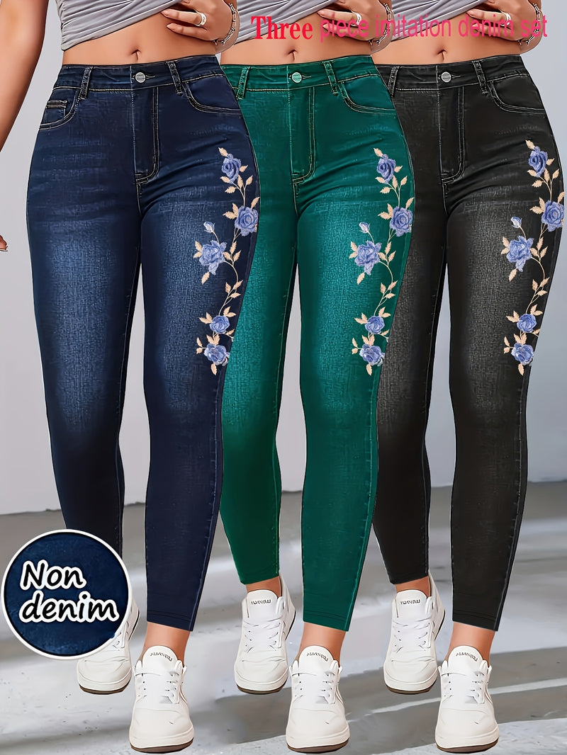 Women’s New Three-Piece Set Featuring Faux Denim-Style Prints.