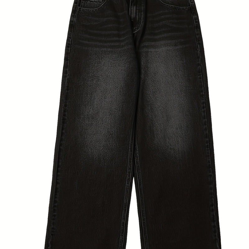 Men's Black Wide-Leg Loose-Fitting Jeans That Drag on The Ground.