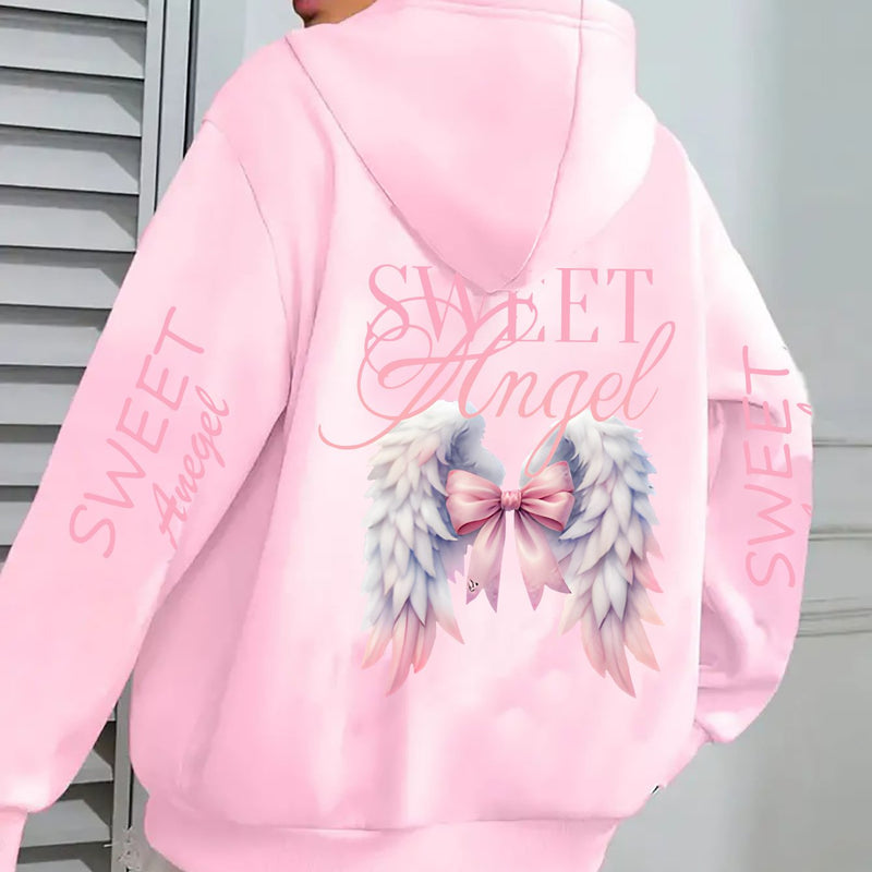 Women's Oversized Hoodie with Pink Wings & Angel Design.