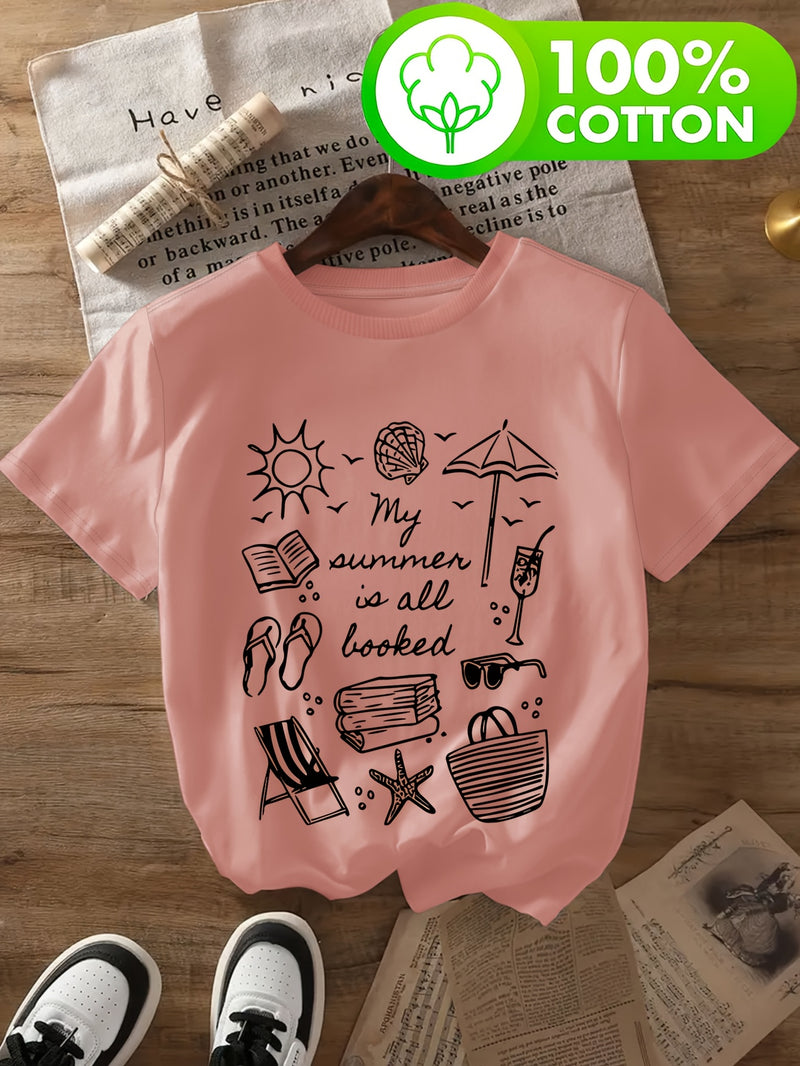 Women's Casual T-Shirt - Beach & Book Lovers Graphic Print.