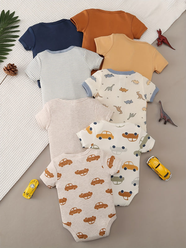 8pcs Newborn Baby Comfortable Bodysuit, Cartoon  and Animal Patterns.