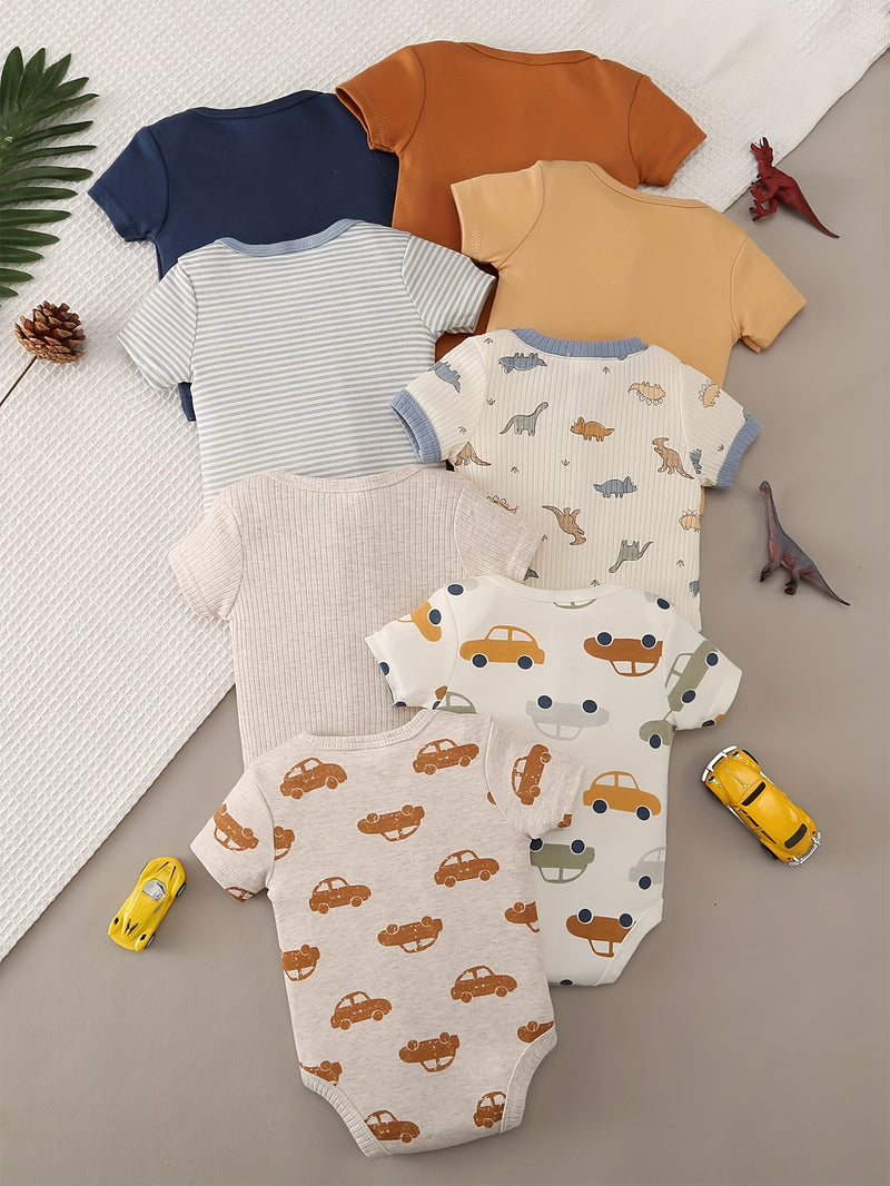8pcs Newborn Baby Comfortable Bodysuit, Cartoon  and Animal Patterns.