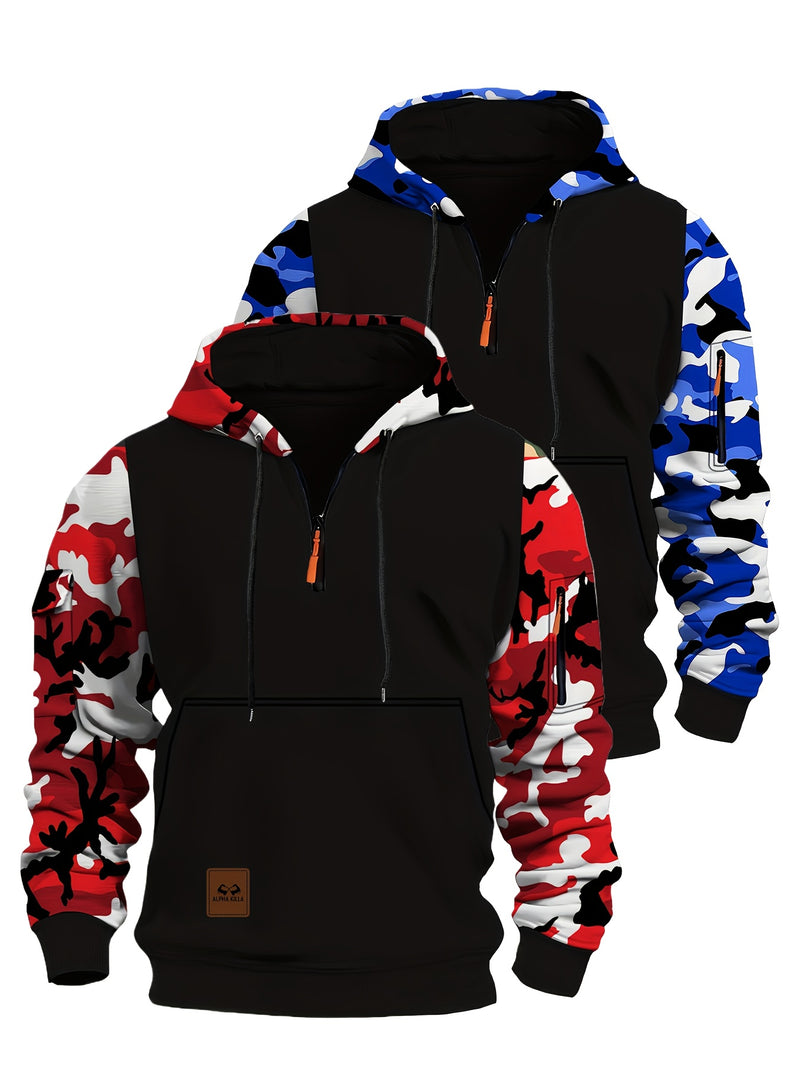 Men’s A Set of Two Trendy Camouflage Hoodies with a Half-Zip Design.