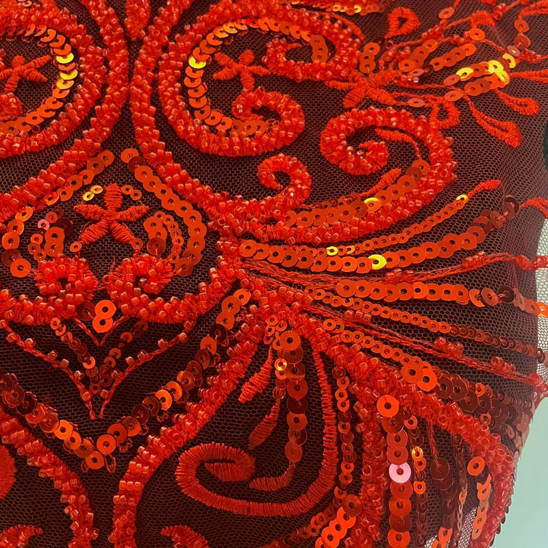 Women’s Elegant Red Embroidered Sequin Dress with Floral Pattern.