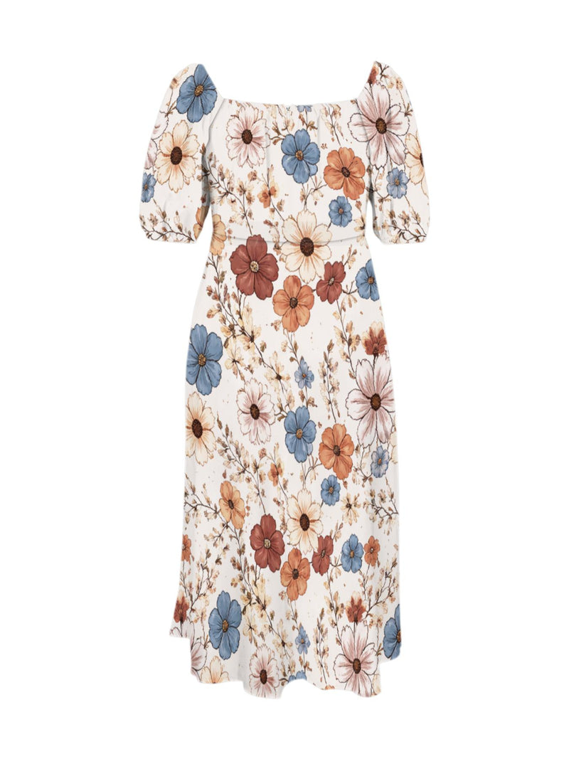 Elegant Square-Neck Puff-Sleeve Long Dress for Women.