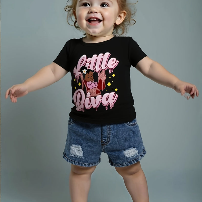 Baby Girl Round Neck Cartoon Girl Letter Pattern Top Casual Denim Shorts.