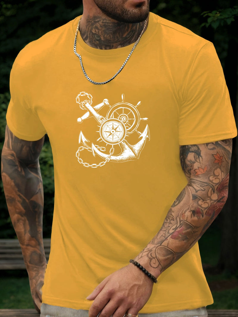 Men's Casual Summer T-Shirt with Anchor and Compass Graphic.