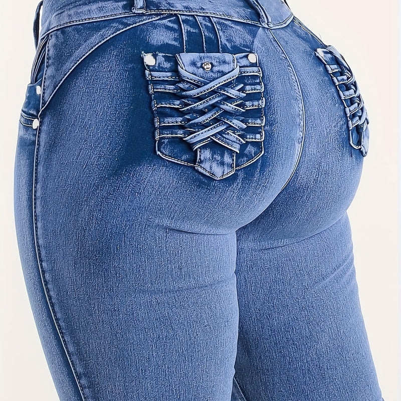 Women's Stretch Jeans - High-Waisted Skinny Pants with Zipper Closure.