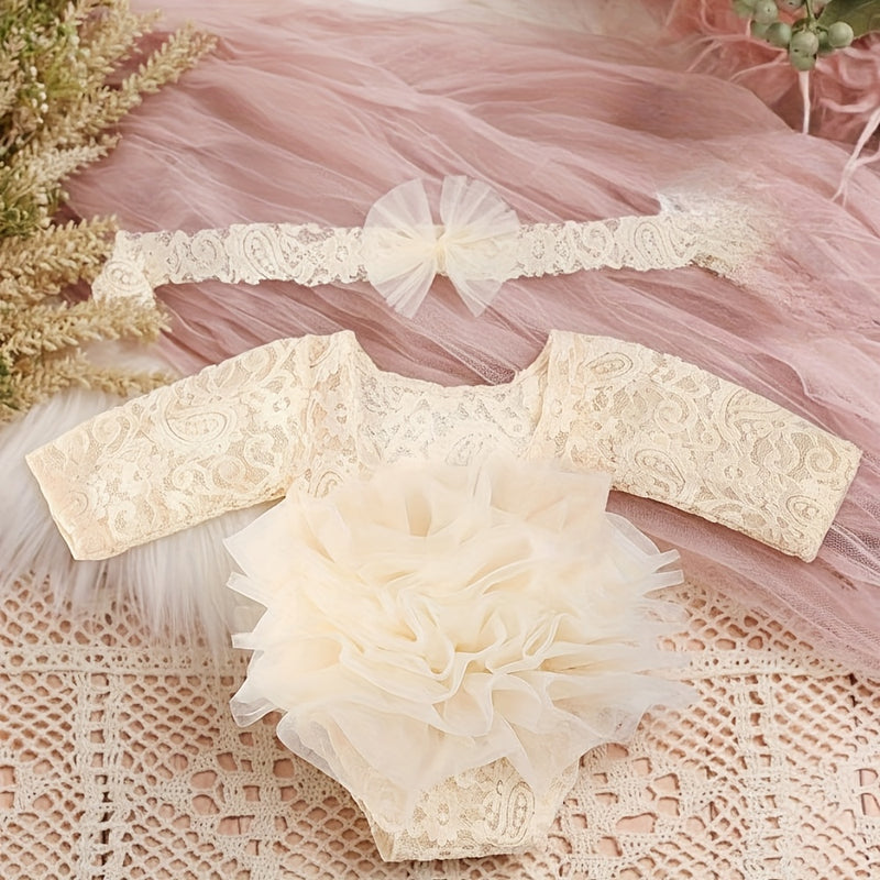 2pcs Purple Lace Bodysuit and Headband Set for Baby Girls.