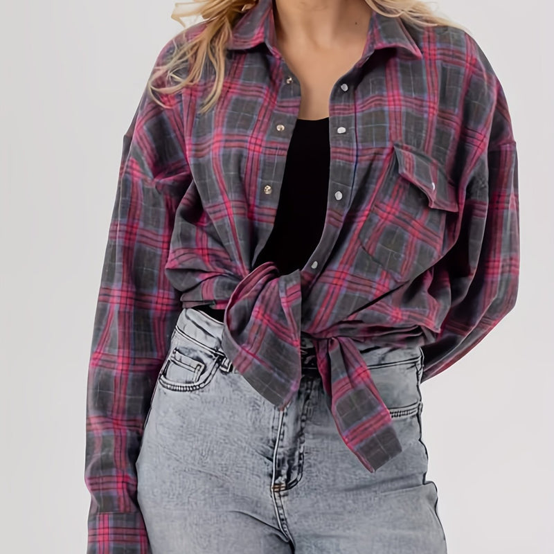 Spring Plaid Long-sleeve Pocket Women's Blouse.
