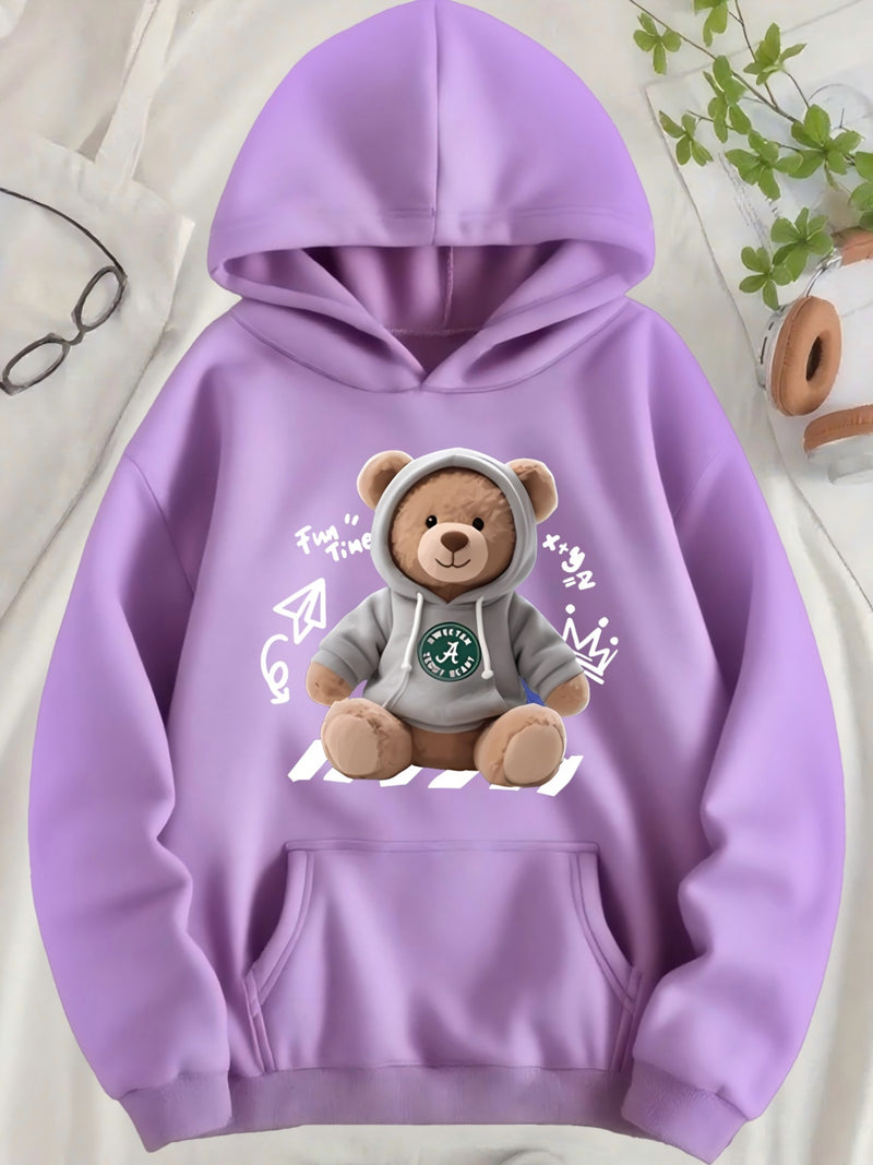 Cute Bear Printed Hoodie | Women'S Long Sleeve Hooded Sweatshirt.