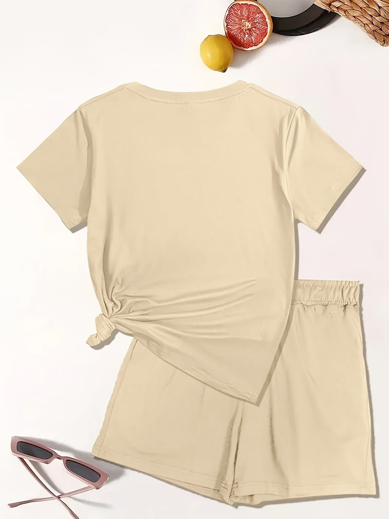 Women’s Graphic Print Two Piece Set, Short Sleeve T-shirt & Shorts.