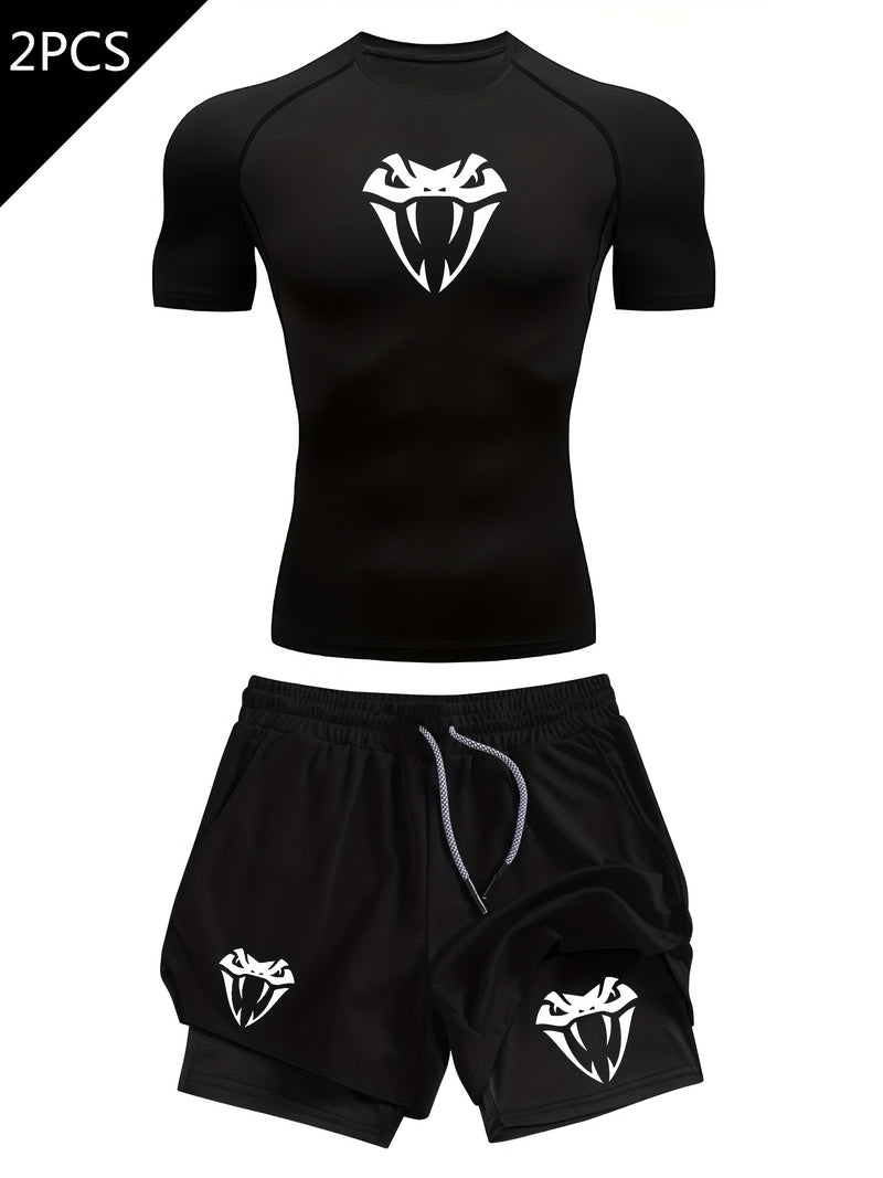 Men's Snake Head Print Two-Piece Set: Short Sleeve Top+Shorts.