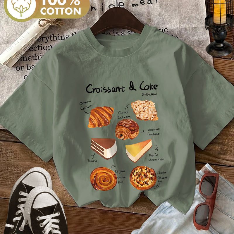 Women's Croissant & Cake Graphic T-Shirt.