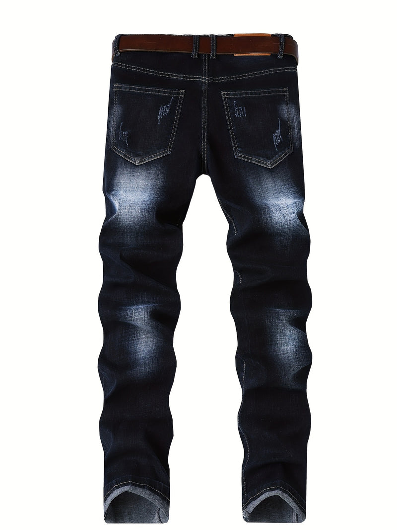 Men's Slim-Fit Stretch Denim Jeans in Dark Blue, Suitable for All Seasons.