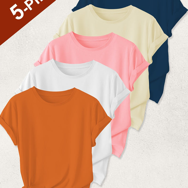5pcs Women’s Solid Color Pure T-Shirts.