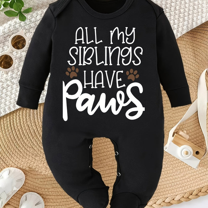 All My Siblings Have Paws Letter Print Newborn Romper Footed Bodysuit for Babies.