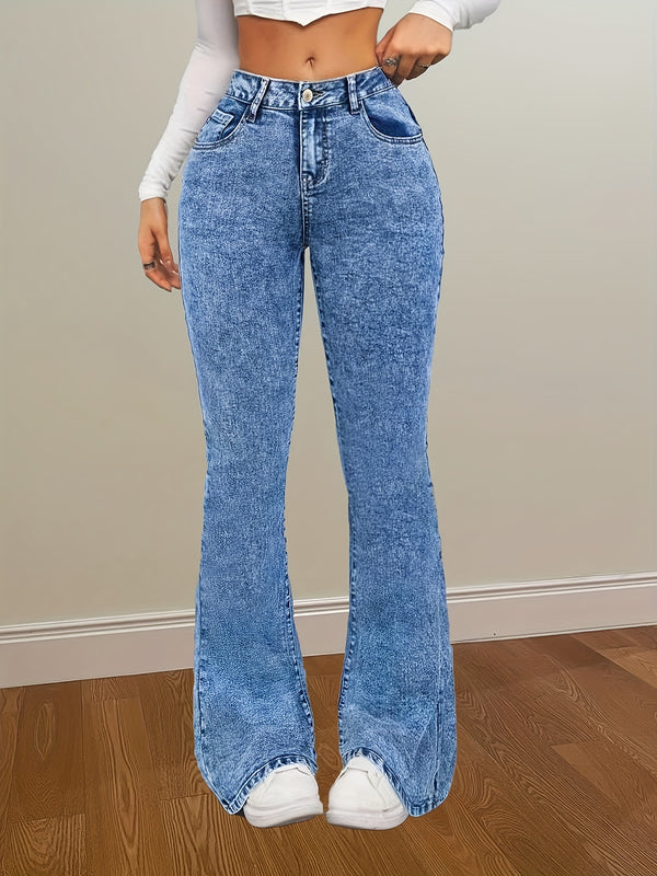 Women’s Blue Snowflake High Stretch Flare Leg Jeans.