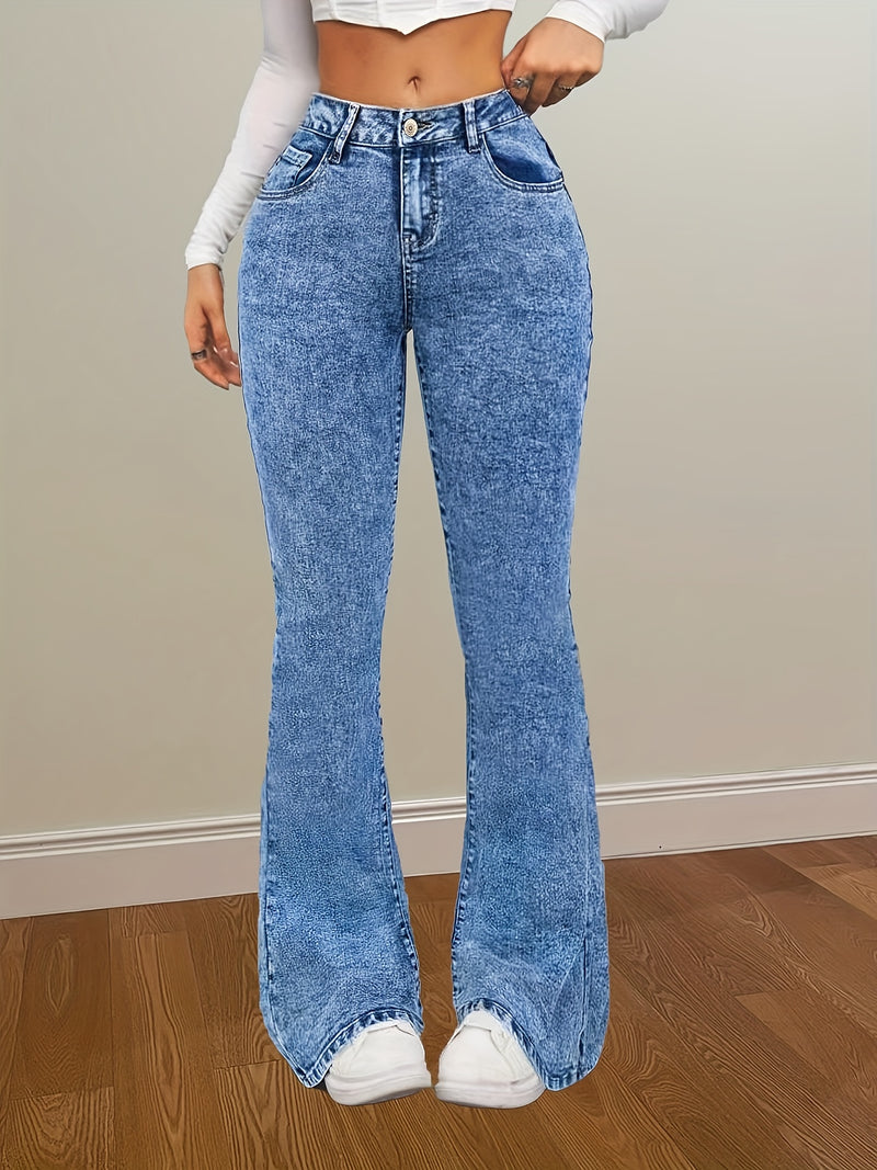 Women’s Blue Snowflake High Stretch Flare Leg Jeans.