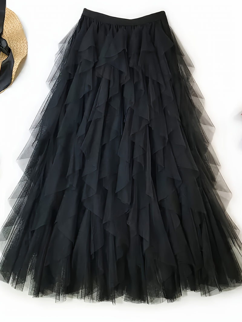 Chic Elegance, Elegant High-Waist A-Line Tulle Skirt for Women.