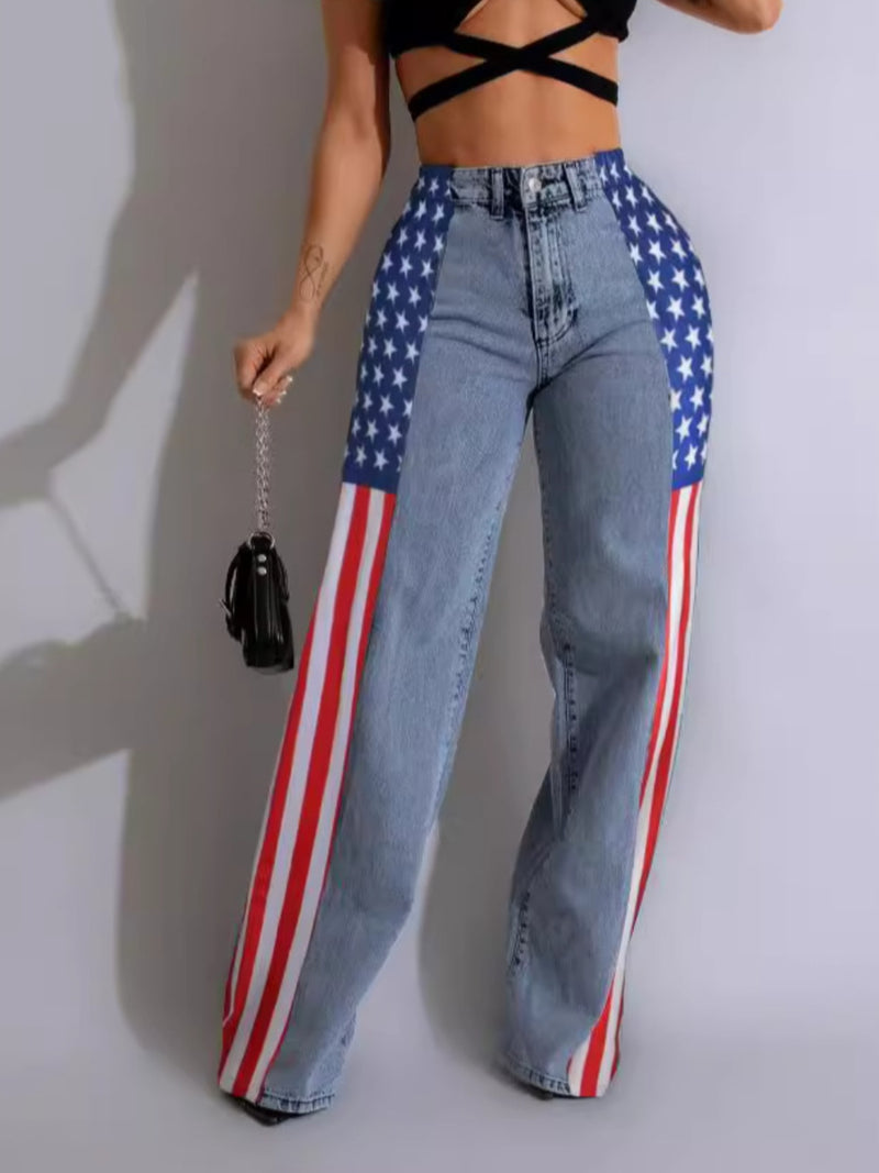 Women's High-Waisted Straight Wide Leg Jeans with American Flag Design.