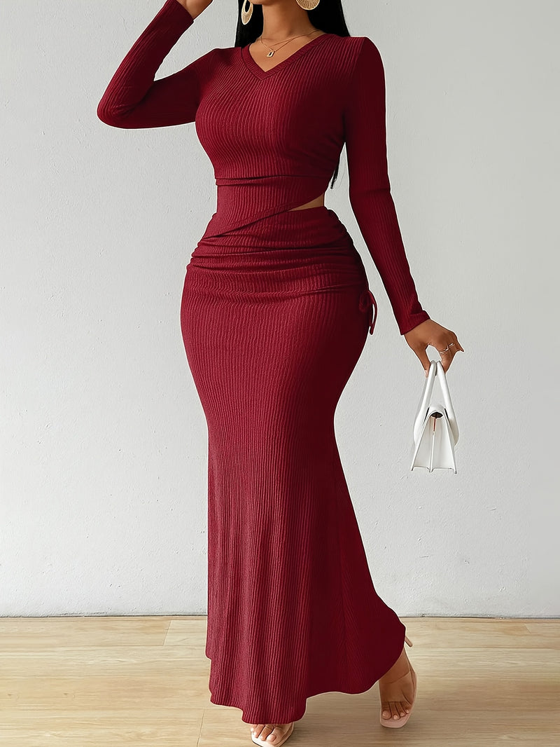 Women's 2pcs Long Sleeve V-Neck Top + Mid-Length Waist-Cinching Side-Tie.