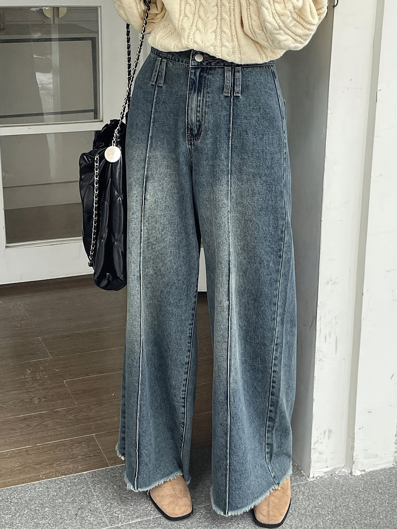 Ladies' High-Waisted Wide-Leg Loose Frayed Snowflake Denim Pants.