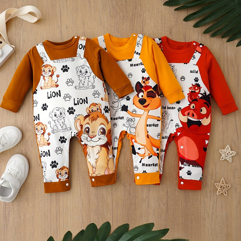Set of 3 Cartoon Outfits Featuring a Lion, Meerkat, And Wild Boar for Babies.