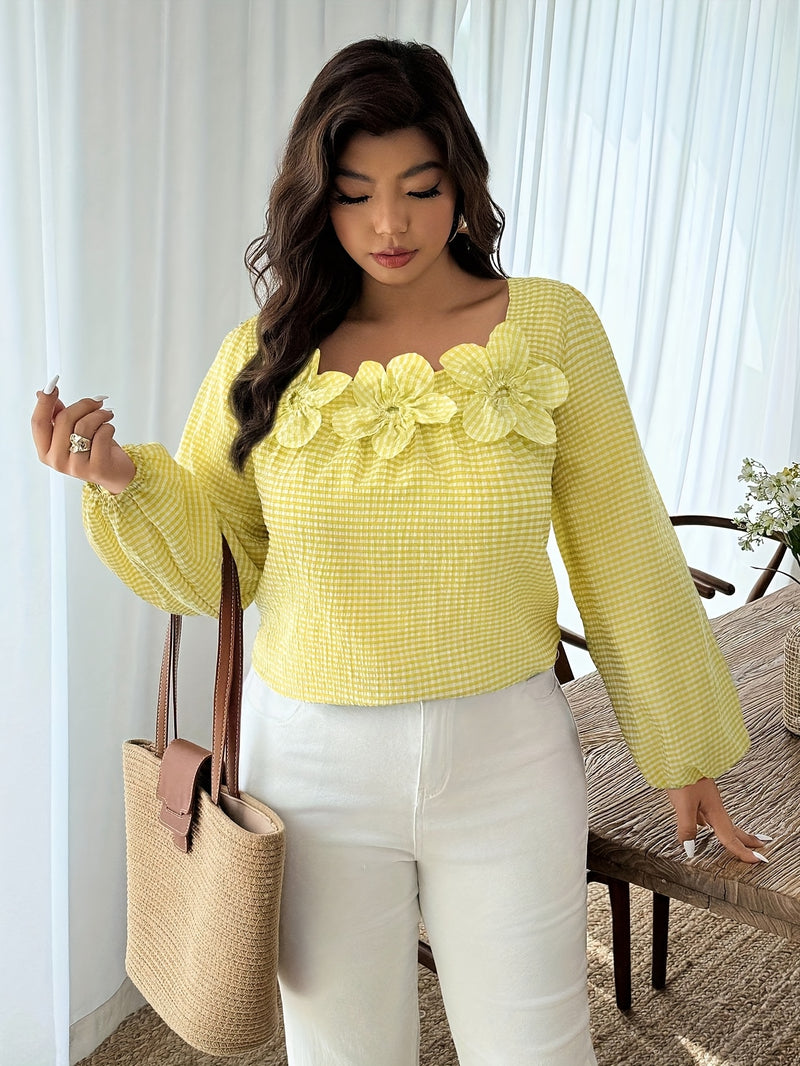 Plus Size Checkered Floral 3D Decorative Long Sleeve Women's Autumn Shirt.