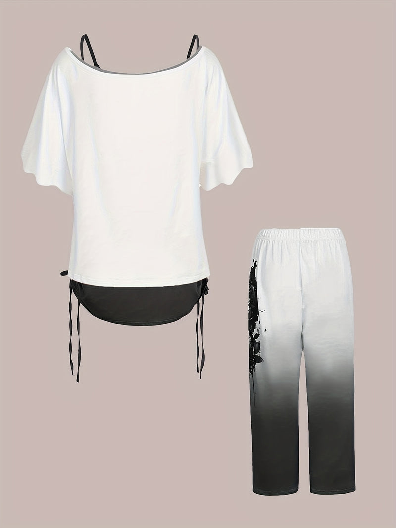 Women’s Off-Shoulder Top with Butterfly Print And Three-Quarter Pants.