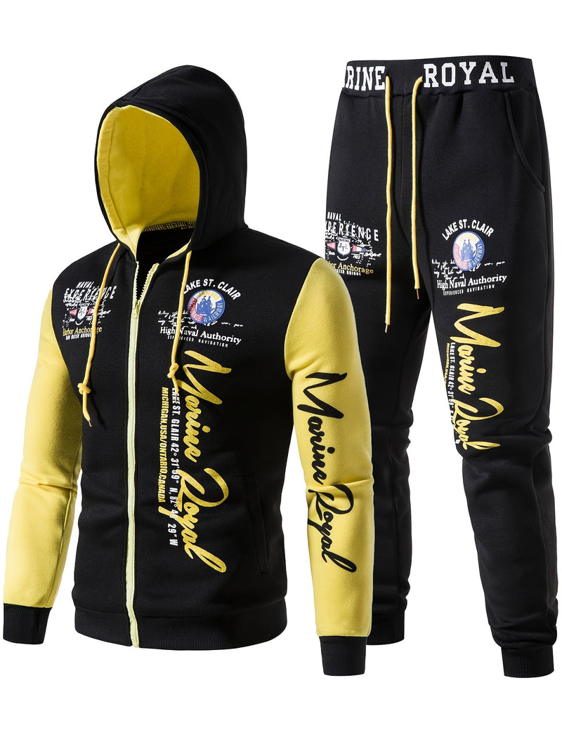 Men's Hiphop Outfit, Letter Print Long Sleeve Full-Zip Casual Jacket And Loose Jogger Pants.