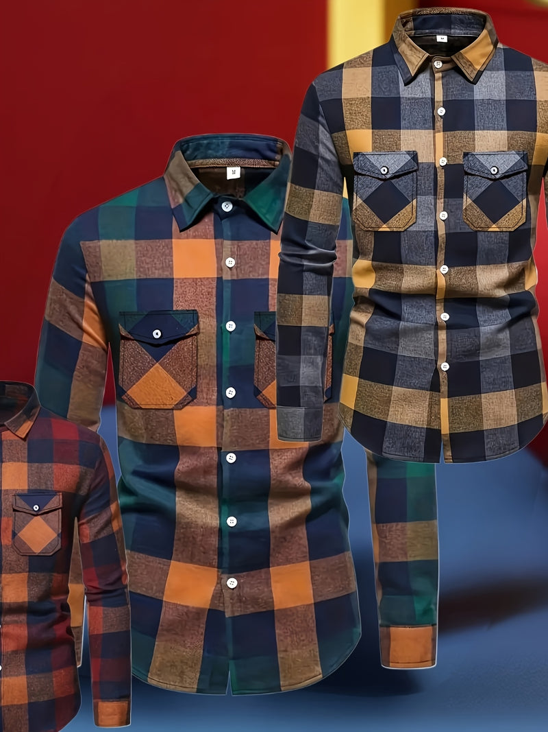3pcs Men's Plaid Shirt Top with Turn- Collar Long Sleeve Button-Up.