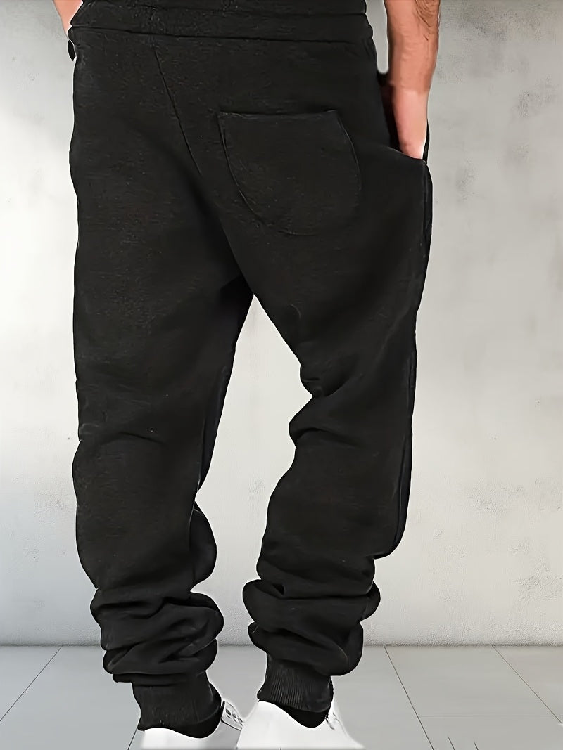 Men's Solid Color Loose Sports Pants, Micro Elastic Warm Thick Casual Pants.