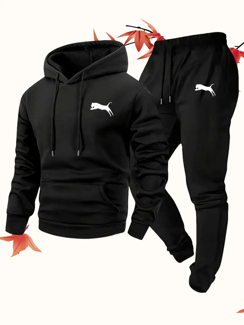 Fashion Versatile Warm 250gsm Hooded Sweatshirt + Pants Two-Piece Set for Men.