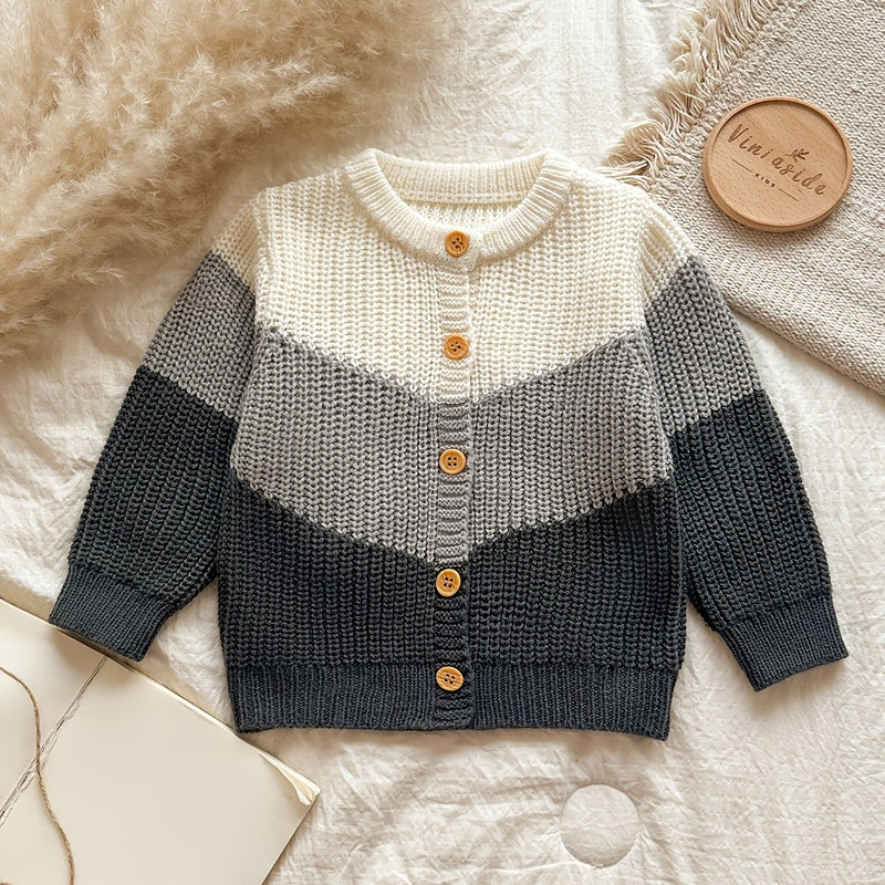 Baby Retro Tricolor Color Blocking Knitted Cardigan.