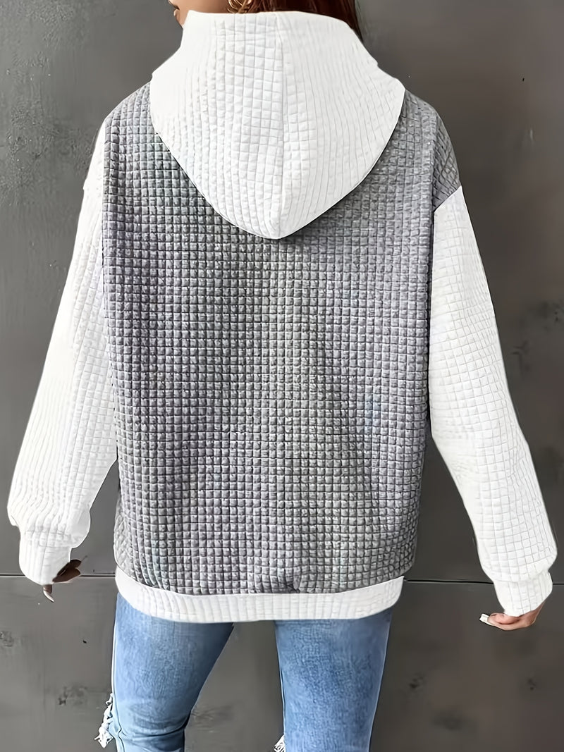 Women's Casual Oversized Hoodie with Checkered Texture & Letter Print.