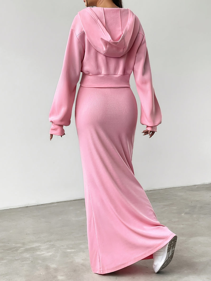 Women’s Elegant Solid Color Hoodie Jacket Paired with an Ultra-Long Dress.