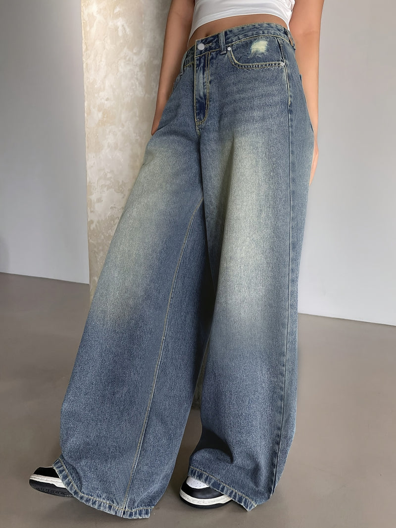 Women's New Washed Blue Wide-Leg Ultra-Long Floor-Length Ripped Loose-Fit Wide-Leg Casual Jeans.