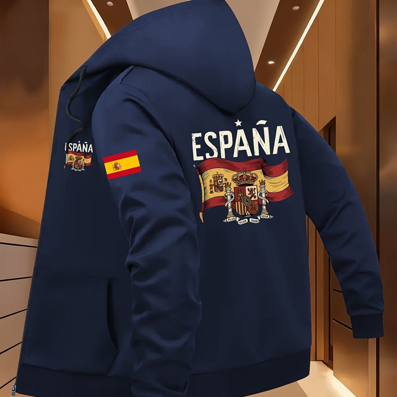 Men's Spanish Flag & Spain Lettering Print Hooded Jacket.